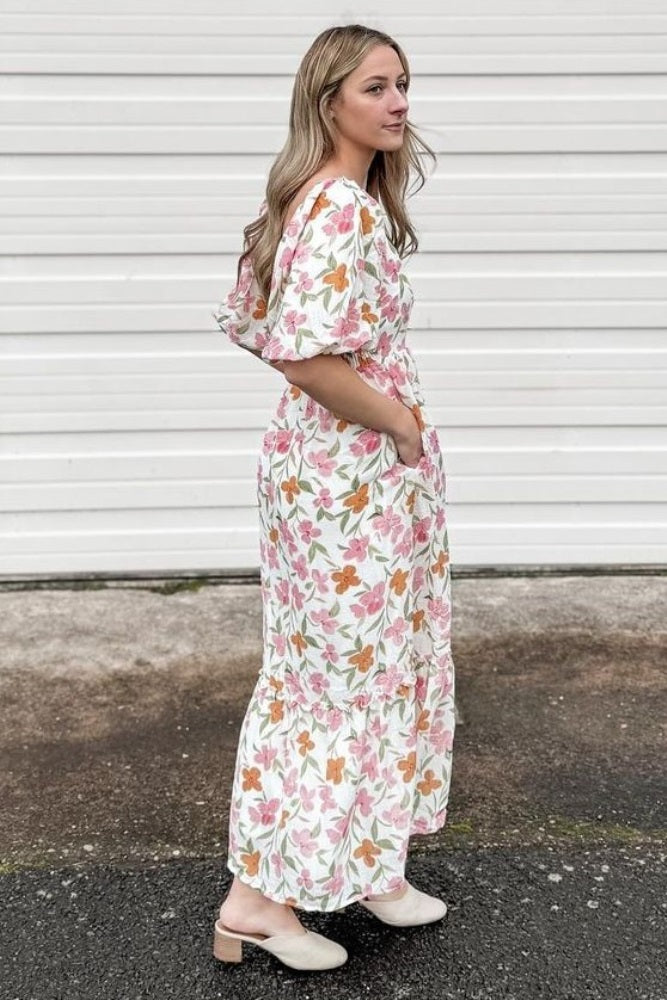 White Floral Puff Sleeve Maxi Dress