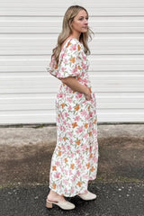 White Floral Puff Sleeve Maxi Dress