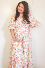White Floral Puff Sleeve Maternity Maxi Dress