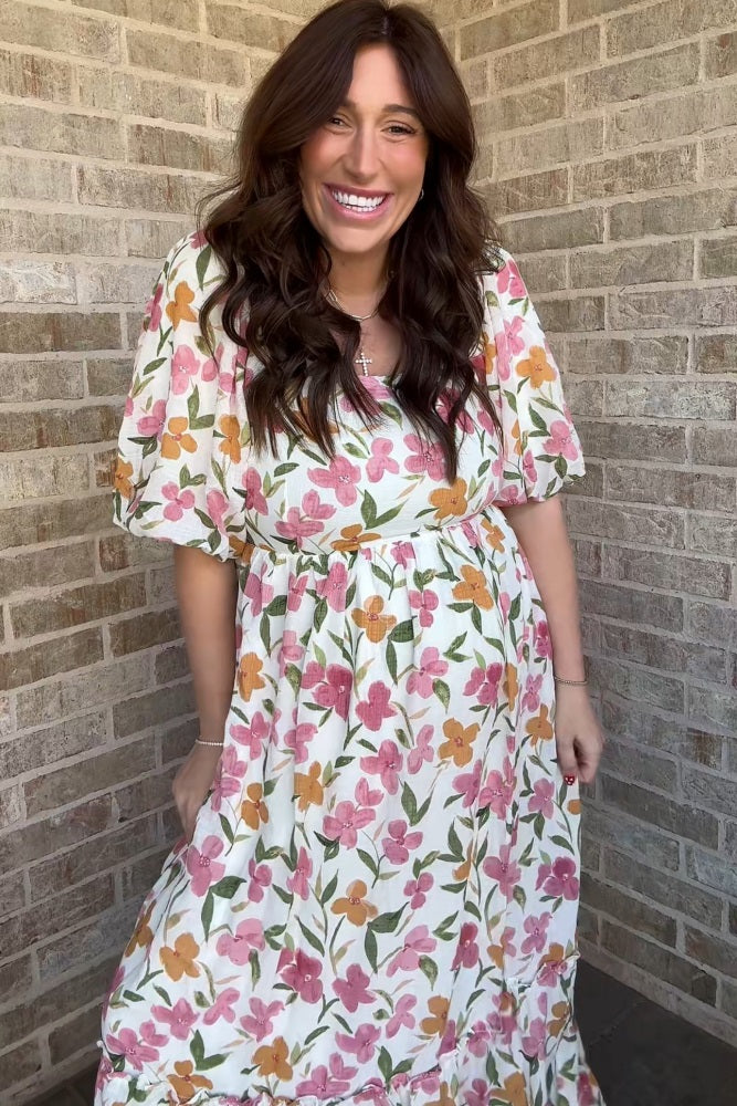 White Floral Puff Sleeve Maternity Maxi Dress