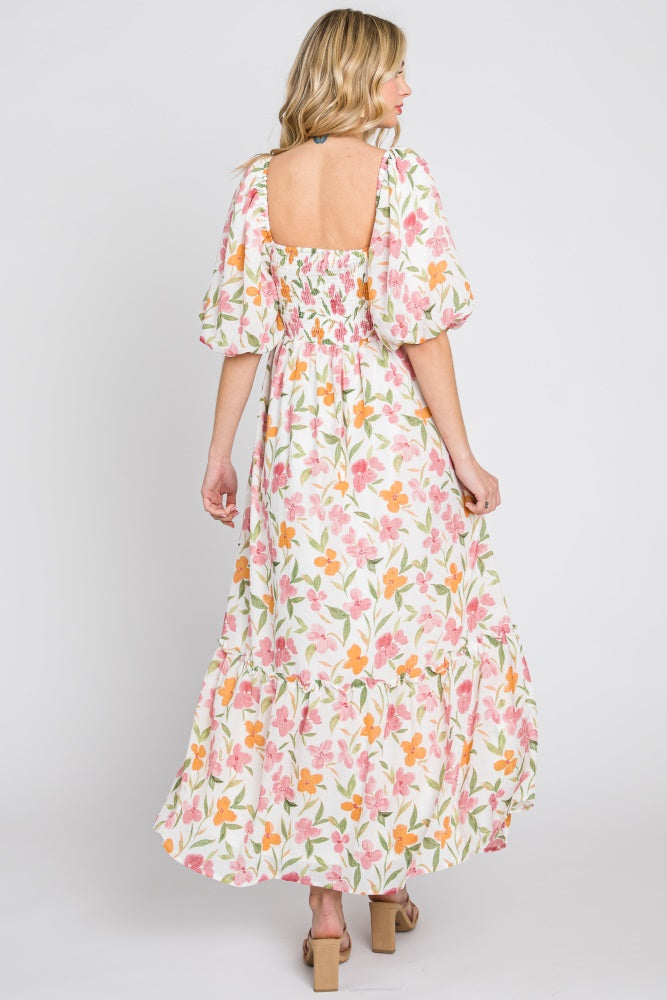 White Floral Puff Sleeve Maxi Dress
