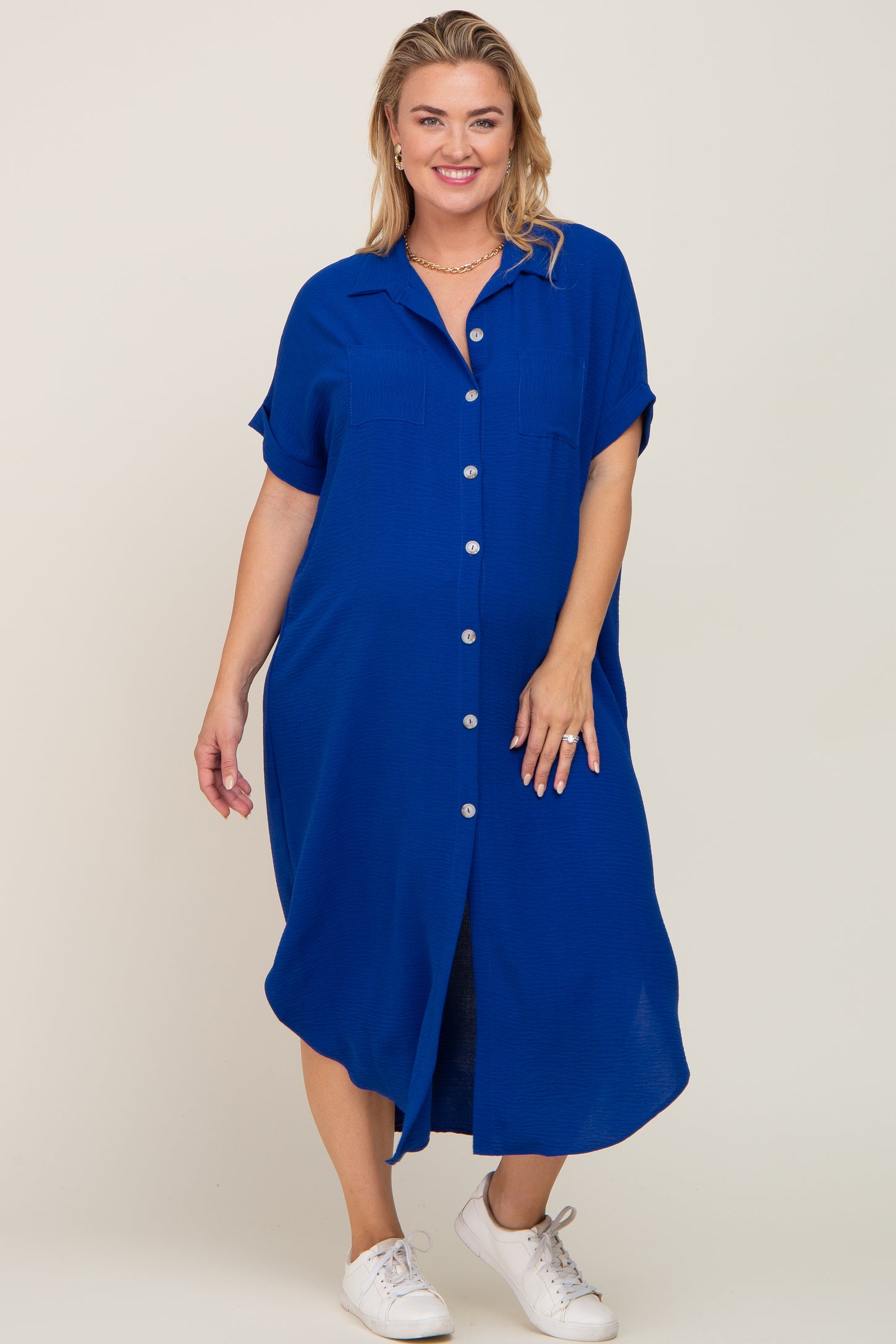 Royal Blue Button Down Hi Low Maternity Plus Maxi Dress
