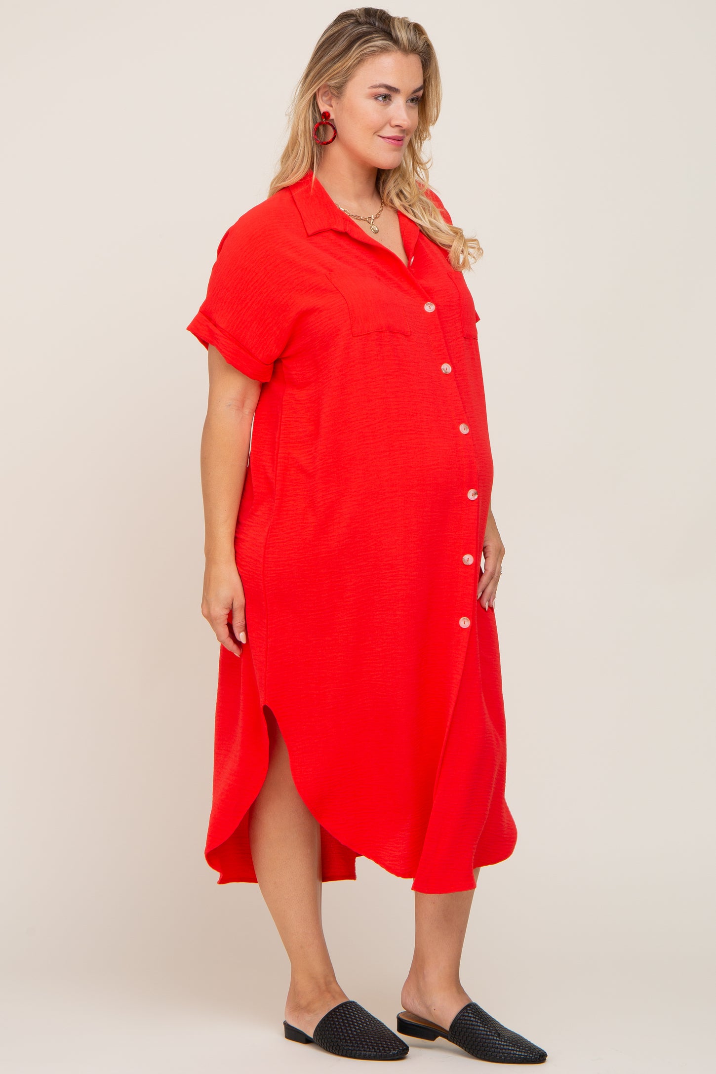 Red Button Down Hi Low Maternity Plus Maxi Dress