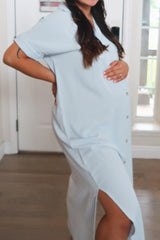 Light Blue Button Down Hi Low Maternity Maxi Dress