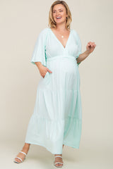 Mint Green Deep V-Neck Tiered Maternity Plus Maxi Dress