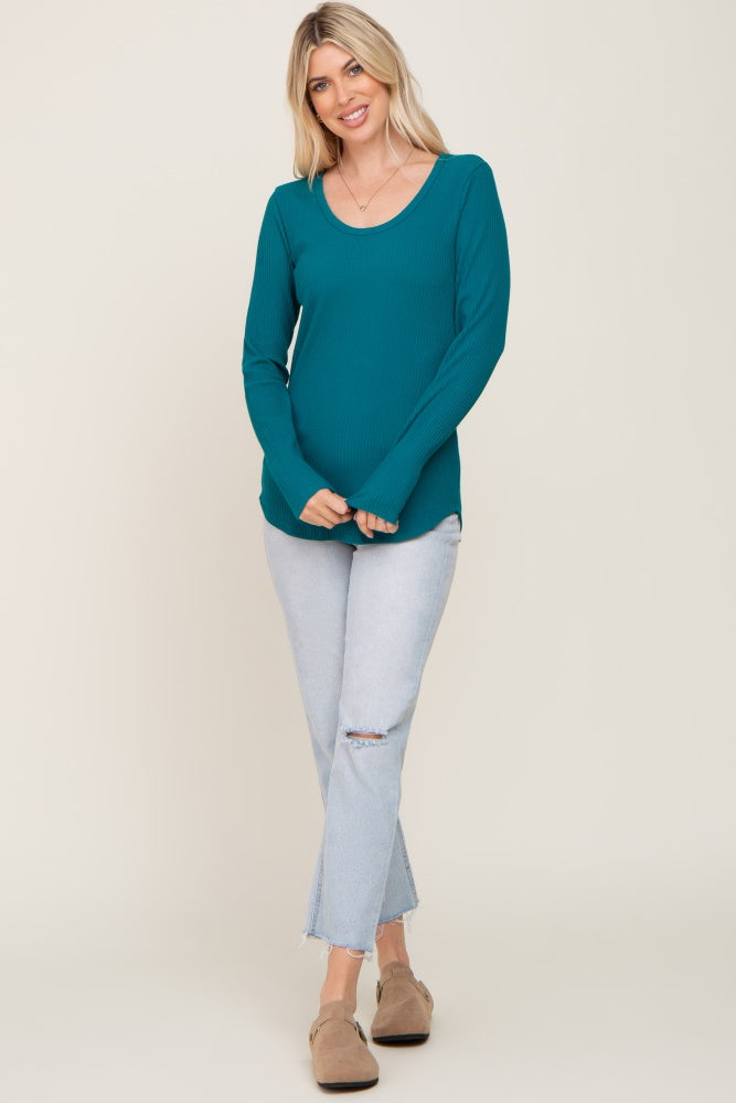 Teal Ribbed Scoop Neck Long Sleeve Top