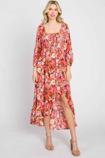 Coral Multi-Color Floral Smocked Hi-Lo Dress