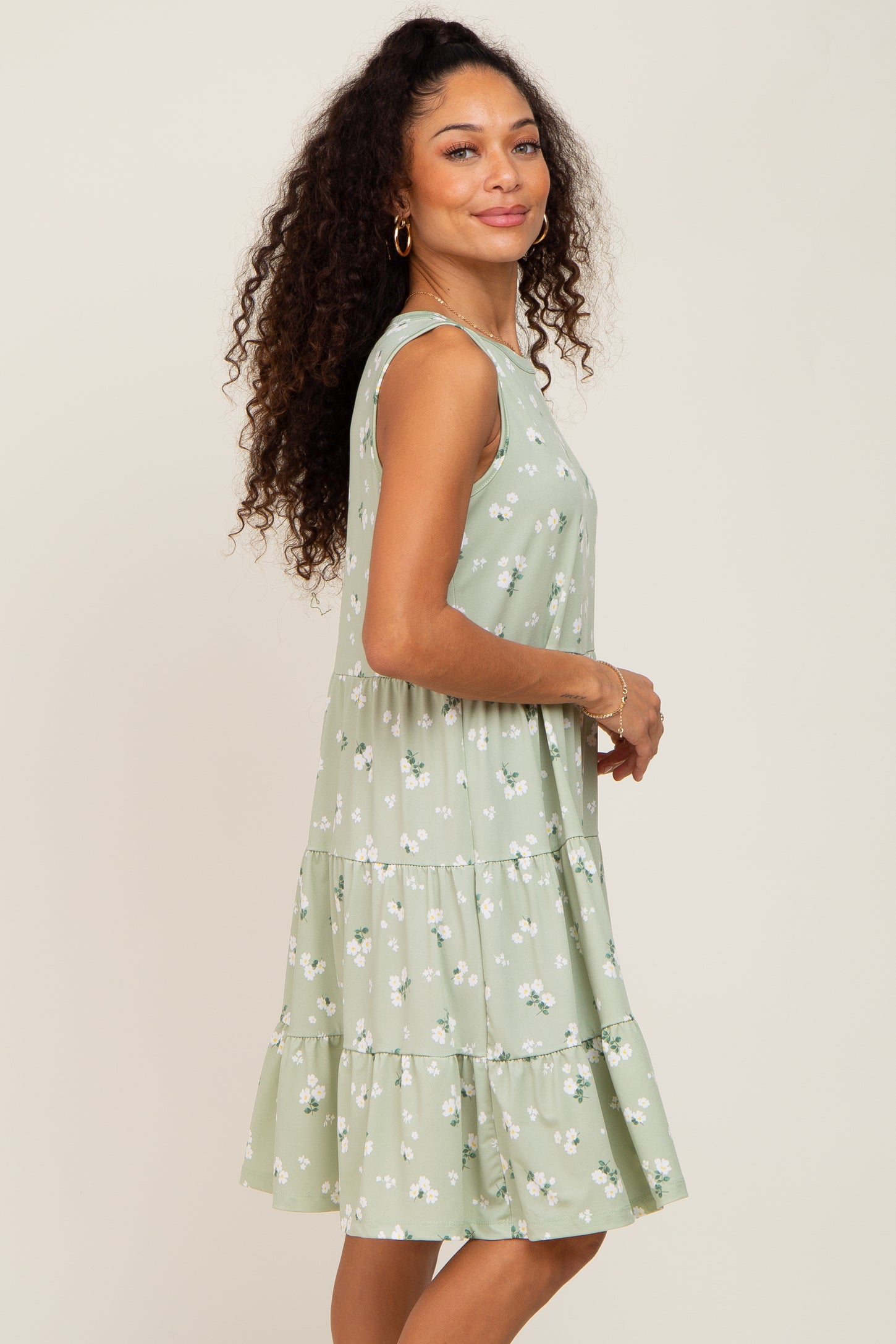 Sage Floral Sleeveless Tiered Dress