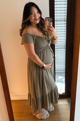 Olive Smocked Ruched Ruffle Hem Maternity Maxi Dress
