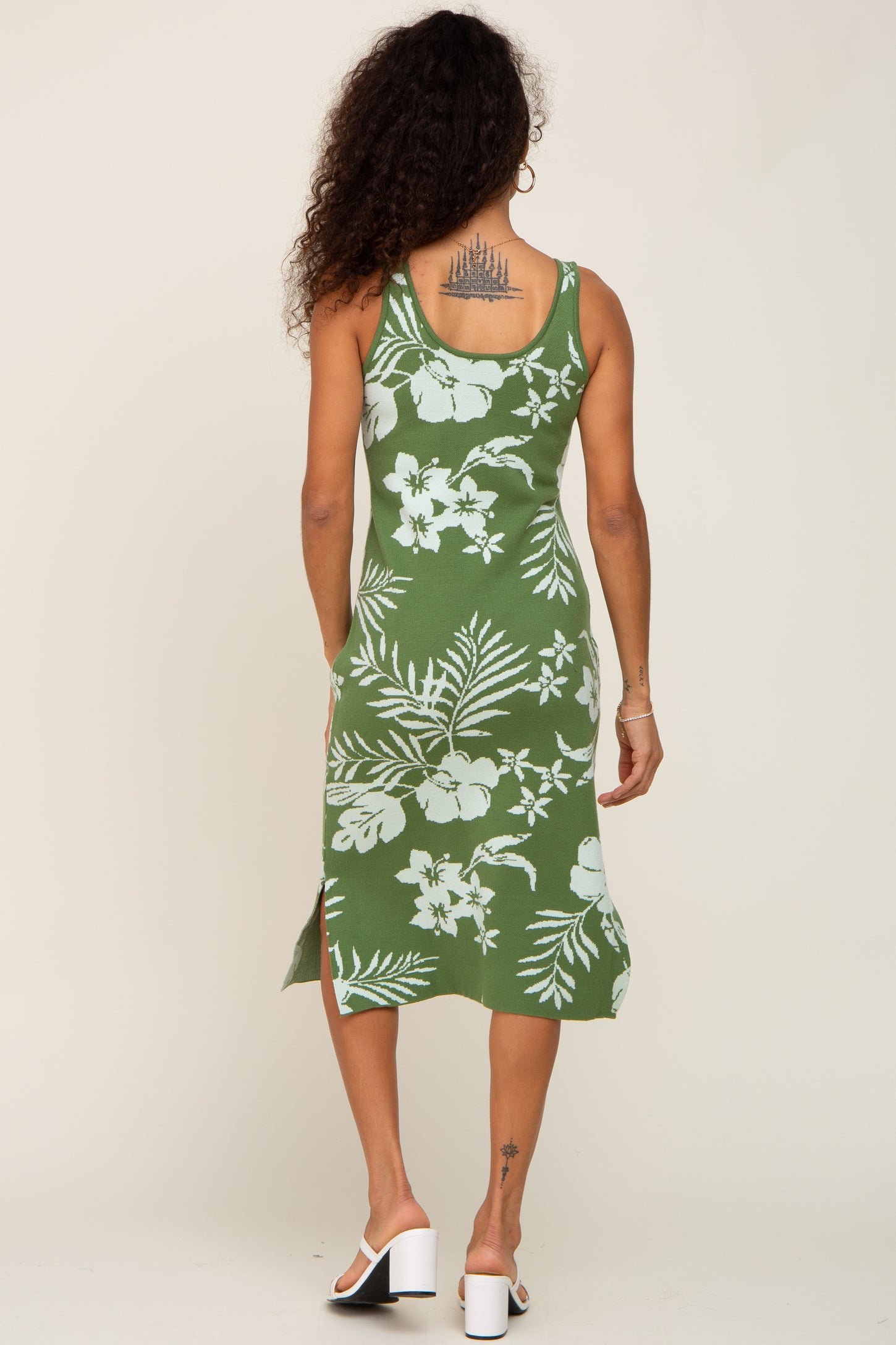 Olive Floral Sleeveless Knit Midi Dress