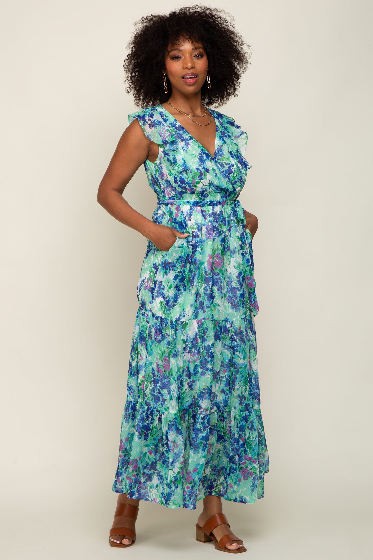 Blue Floral Ruffle Accent Waist Tie Maternity Maxi Dress
