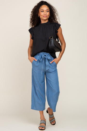 Black Mock Neck Flutter Blouse