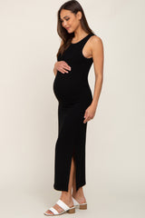 Black Ribbed Maternity Side Slit Tank Dress