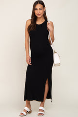 Black Ribbed Maternity Side Slit Tank Dress
