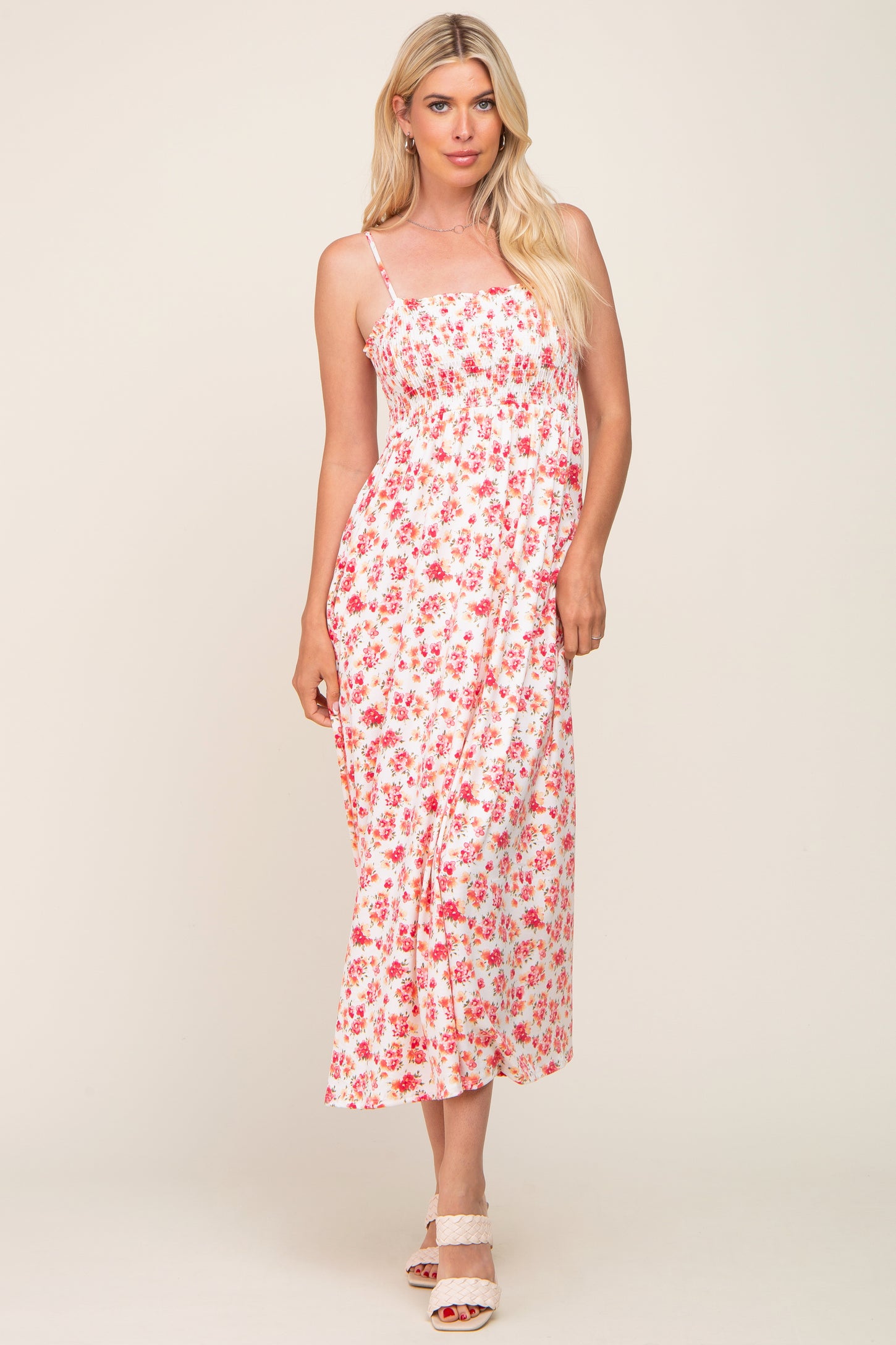 Ivory Square Neck Smocked Maternity Midi Dress