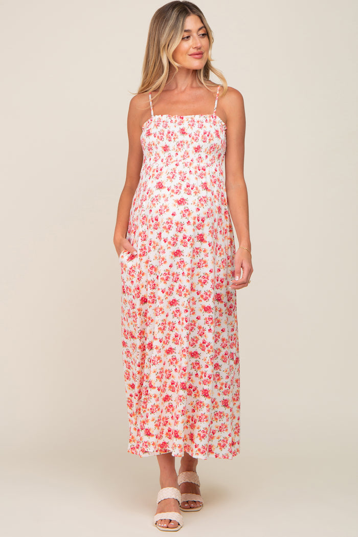 Ivory Square Neck Smocked Maternity Midi Dress