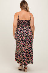 Black Square Neck Smocked Maternity Plus Midi Dress