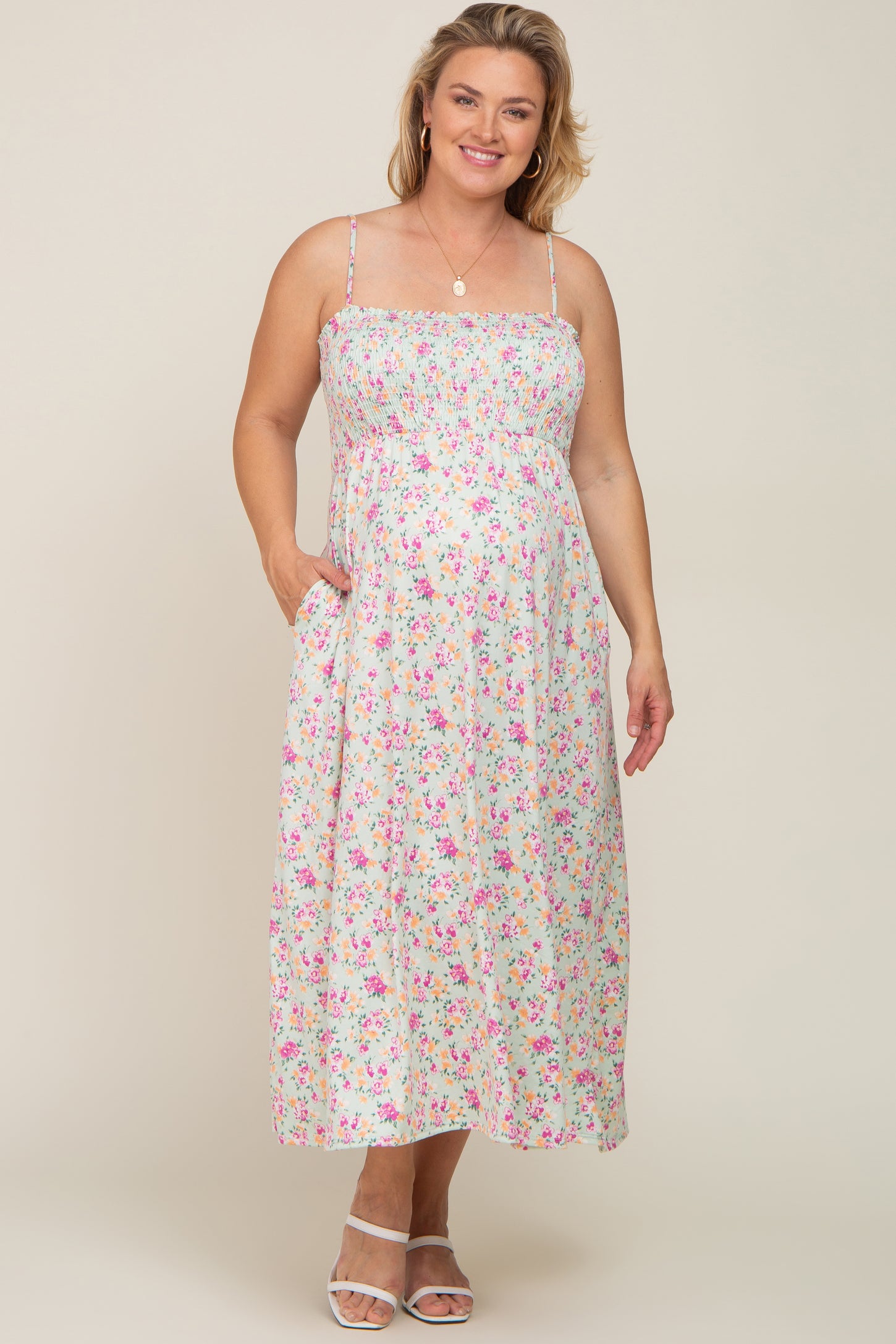 Light Olive Square Neck Smocked Plus Maternity Midi Dress