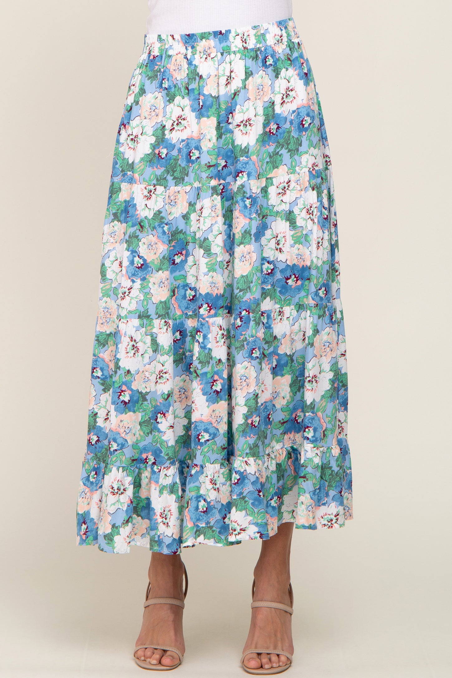 Blue Floral Tiered Maxi Skirt