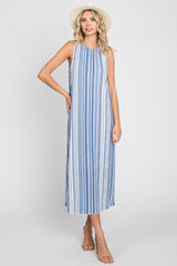 Blue Striped Sleeveless Maternity Midi Dress