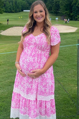 Pink Floral Pleated Eyelet Trim Maternity Midi Dress
