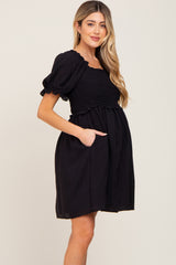Black Smocked Puff Sleeve Maternity Dress