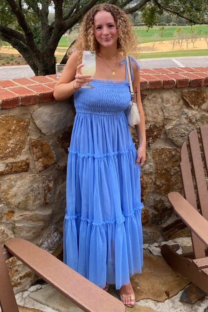 Light Blue Smocked Mesh Midi Dress