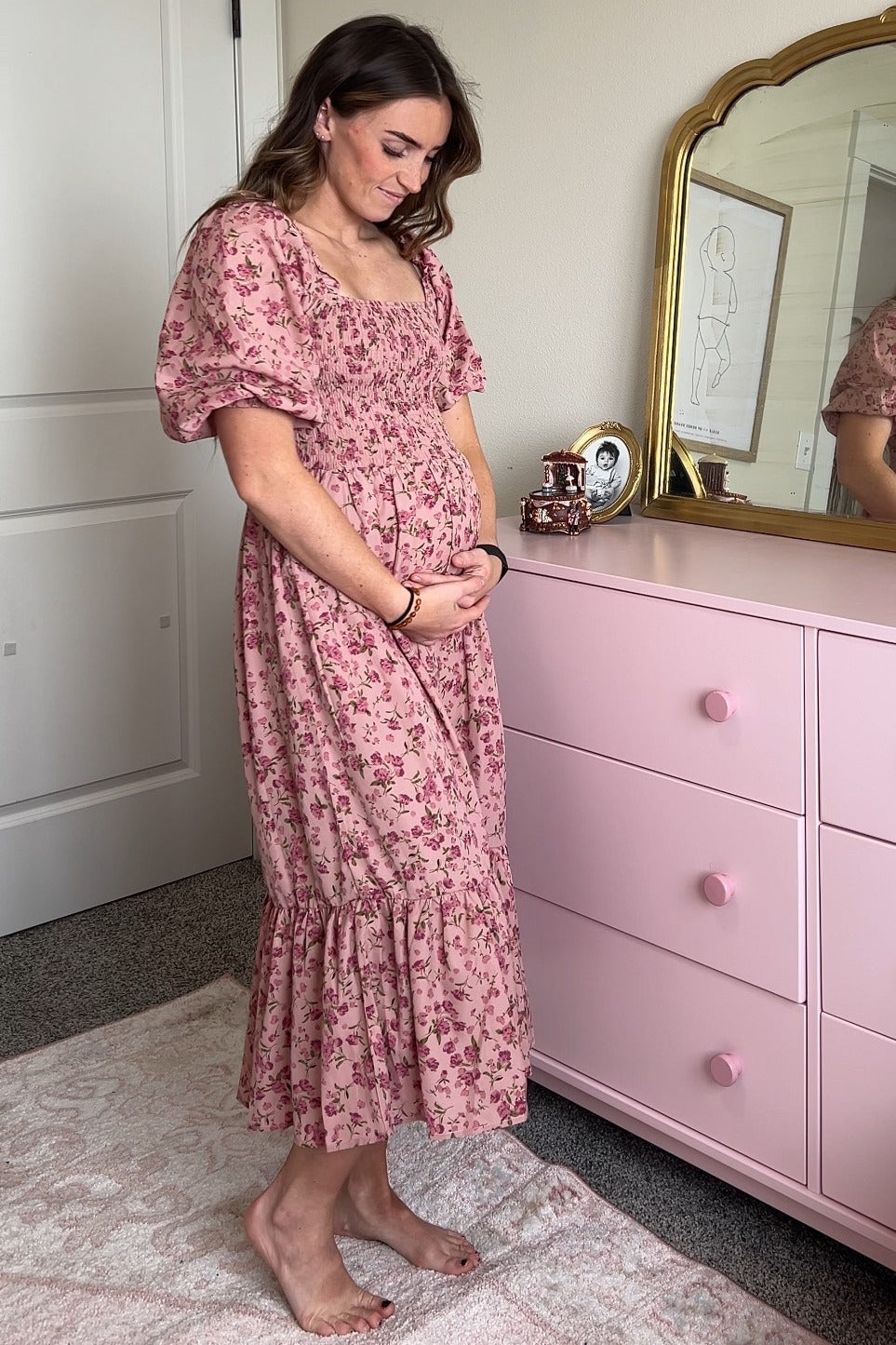 Pink Floral Smocked Maternity Midi Dress
