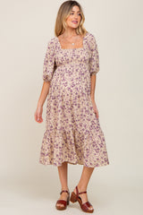 Cream Floral Smocked Maternity Midi Dress