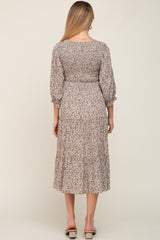 Olive Floral Smocked 3/4 Sleeve Maternity Midi Dress