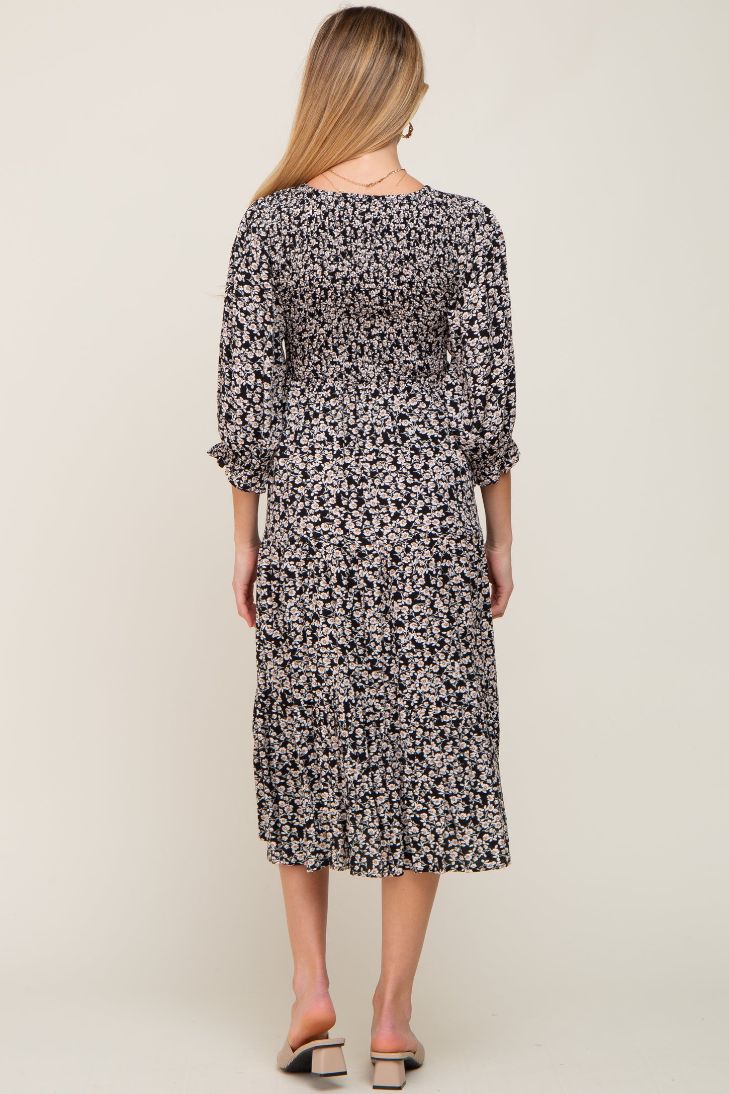 Black Floral Smocked 3/4 Sleeve Maternity Midi Dress