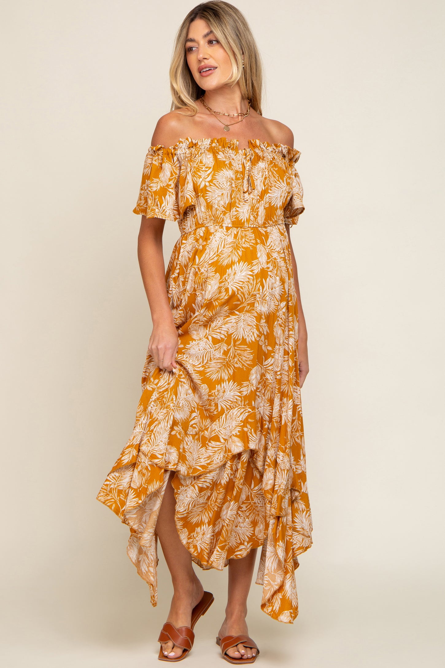 Camel Leaf Print Off Shoulder Handkerchief Maternity Midi Dress