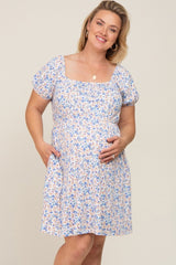 White Floral Short Puff Sleeve Maternity Dress
