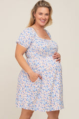 White Floral Short Puff Sleeve Maternity Dress