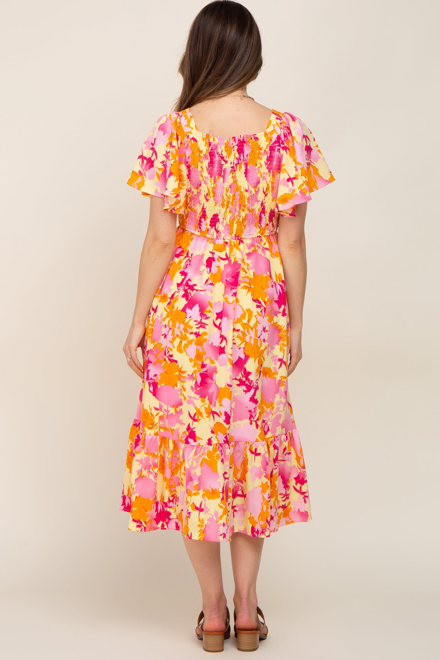 Yellow Print Smocked V-Neck Maternity Midi Dress