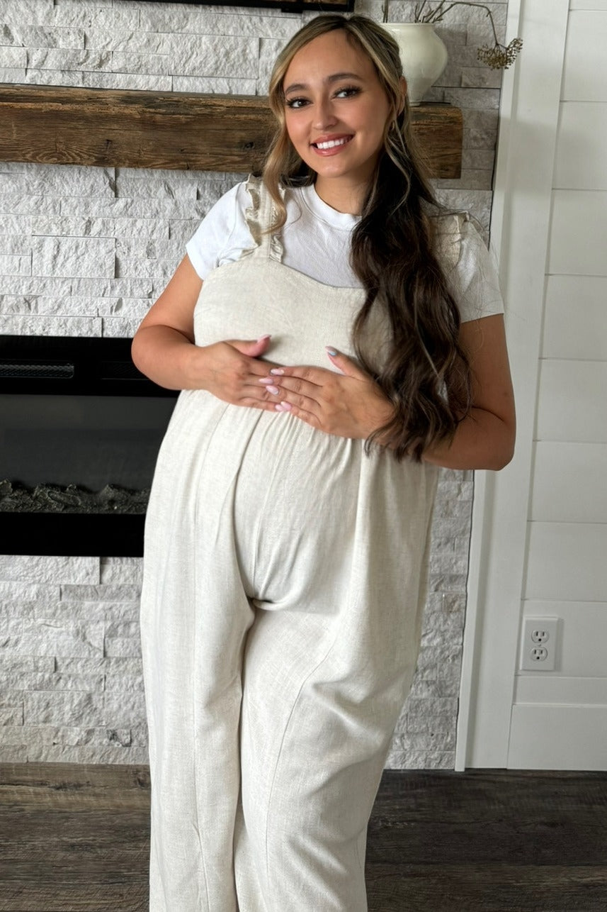 Beige Ruffle Trim Back Tie Maternity Jumpsuit