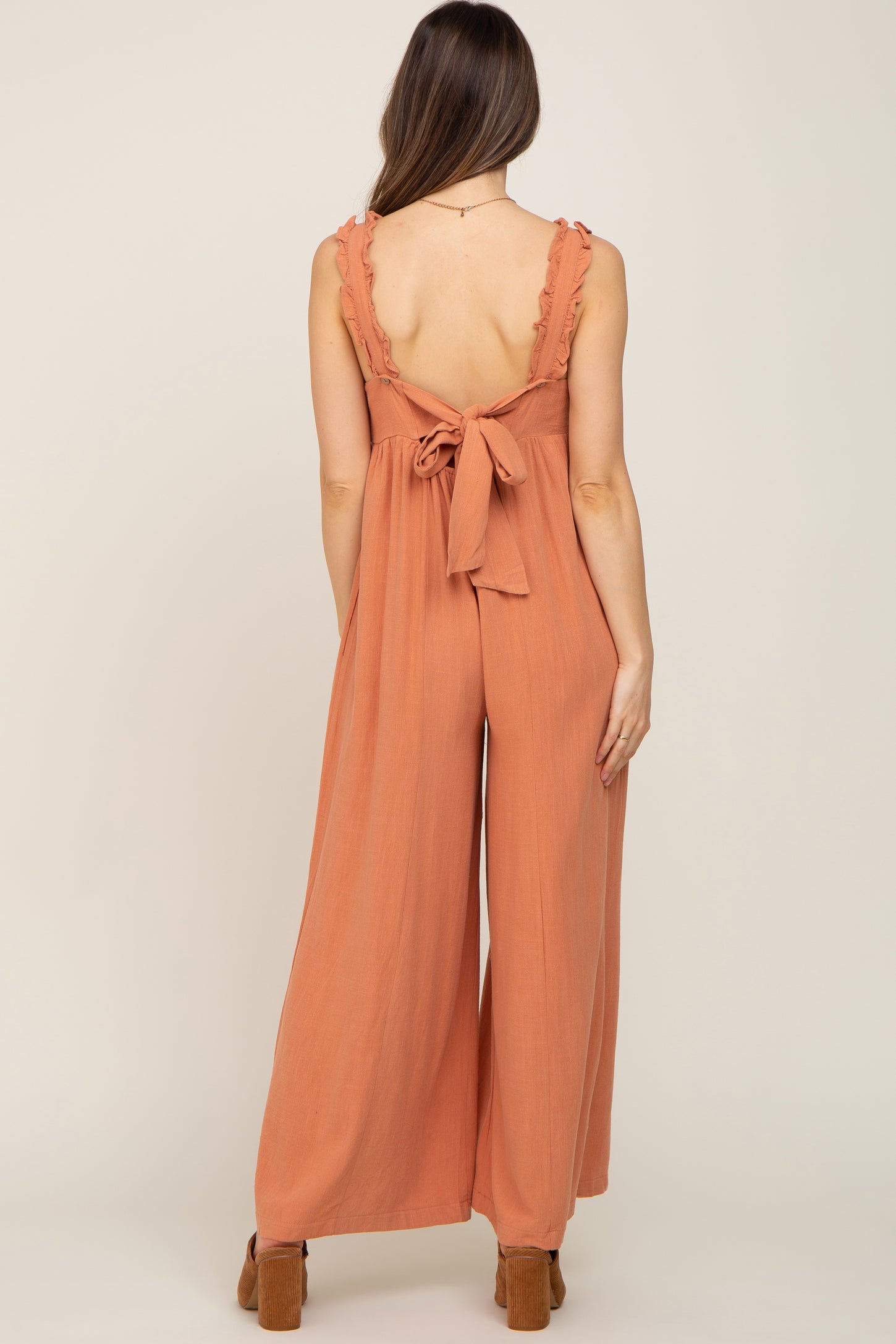 Rust Ruffle Trim Back Tie Maternity Jumpsuit