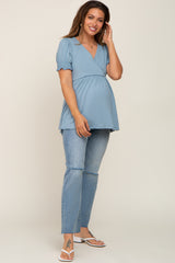 Blue Puff Sleeve Crossover Maternity/Nursing Top