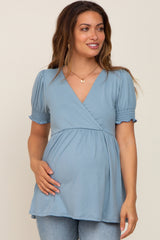 Blue Puff Sleeve Crossover Maternity/Nursing Top