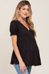Black Puff Sleeve Crossover Maternity/Nursing Top
