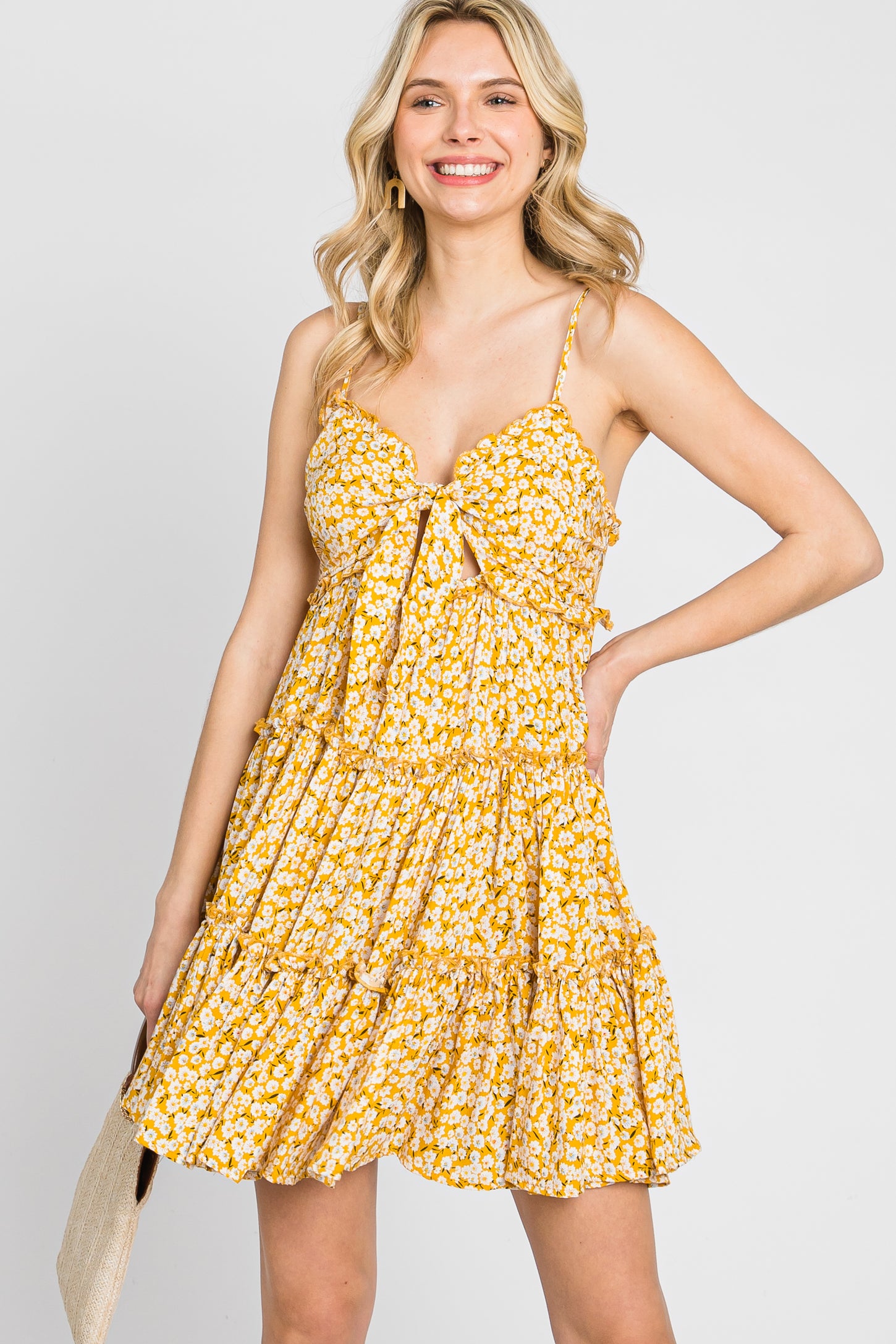 Yellow Floral Cut Out Tiered Ruffle Maternity Mini Dress