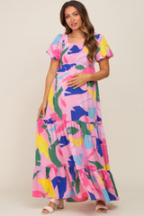 Pink Abstract Print Puff Sleeve Maternity Maxi Dress