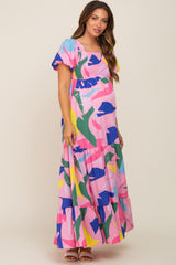 Pink Abstract Print Puff Sleeve Maternity Maxi Dress