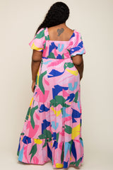 Pink Abstract Print Puff Sleeve Plus Maxi Dress