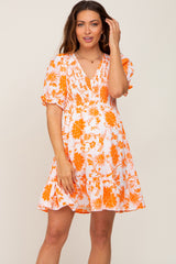 Orange Floral Smocked Puff Sleeve Maternity Dress