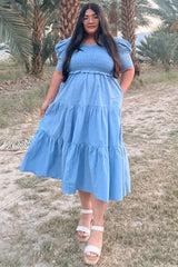 Blue Smocked Tiered Ruffle Midi Dress