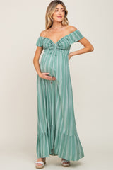 Green Striped Off Shoulder Front Tie Maternity Maxi Dress