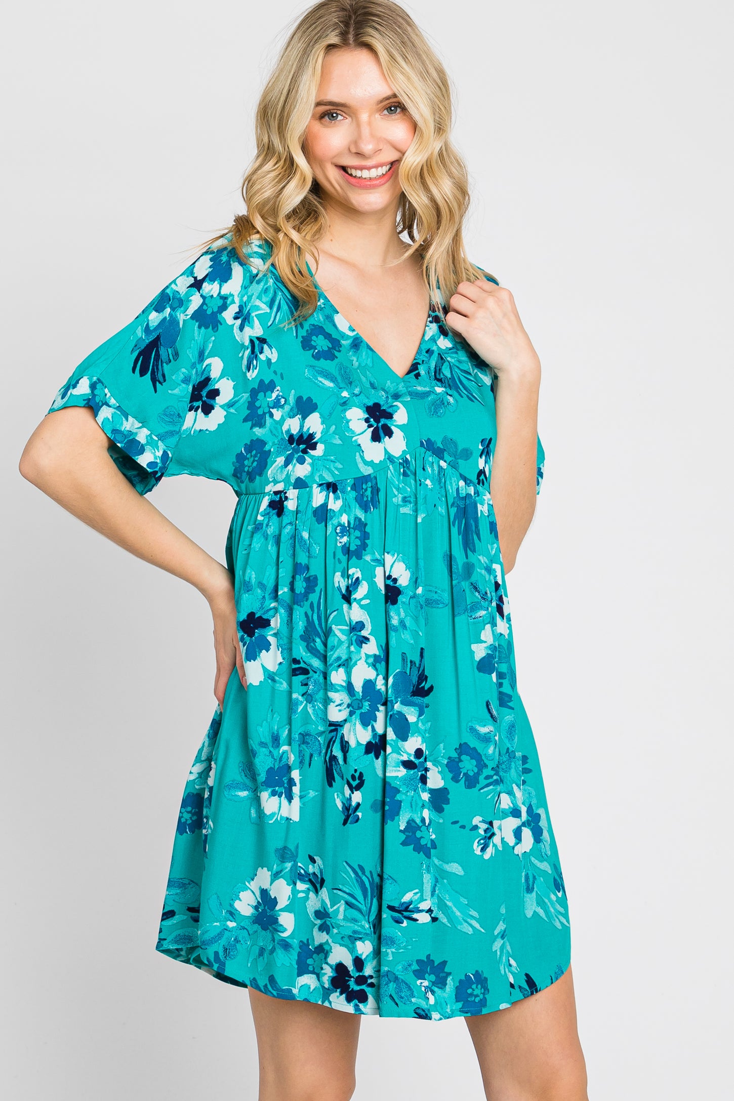 Teal Tropical Floral V-Neck Short Sleeve Dress