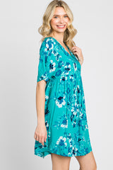 Teal Tropical Floral V-Neck Short Sleeve Dress