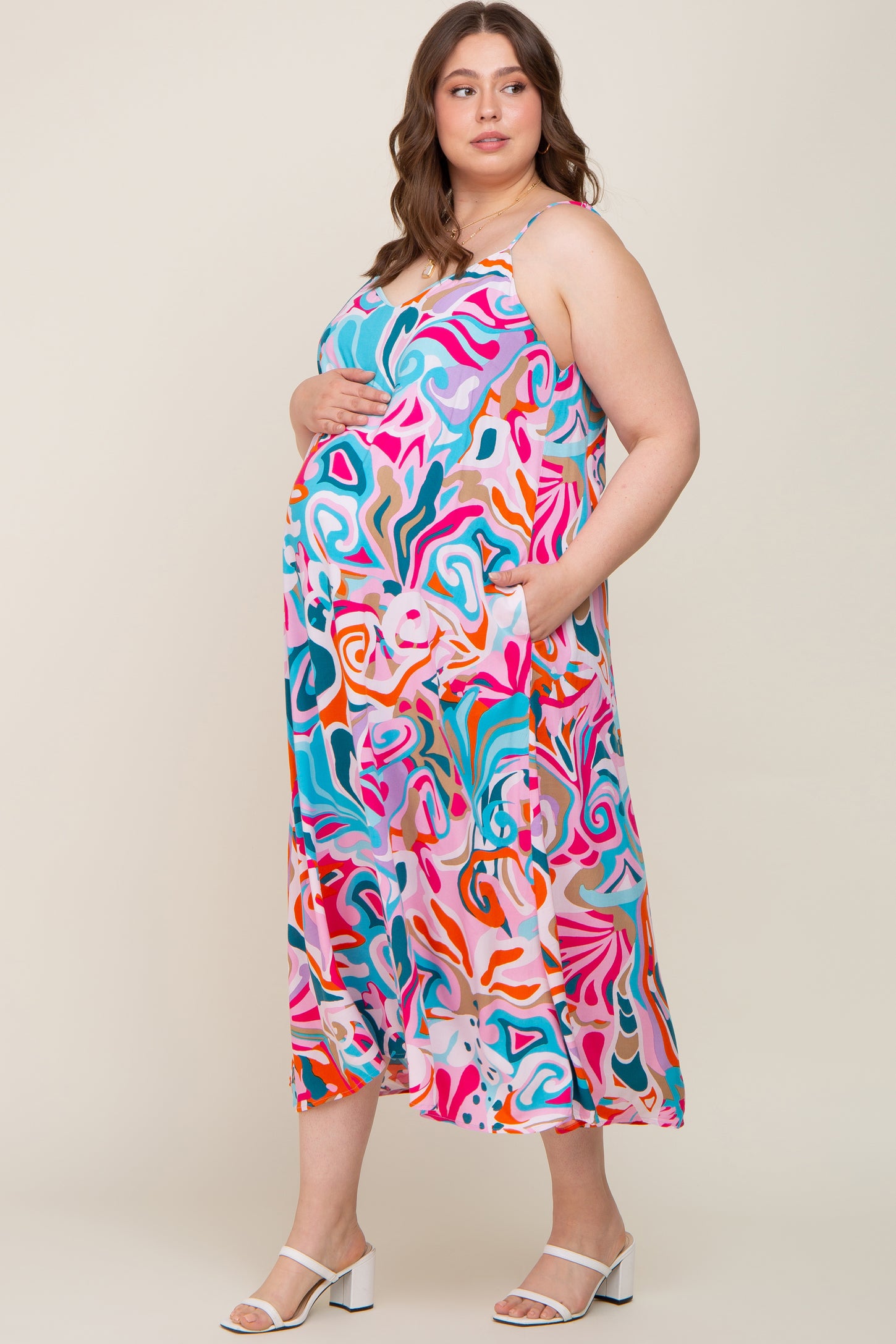 Multi-Color Sleeveless V-Neck Maternity Plus Maxi Dress